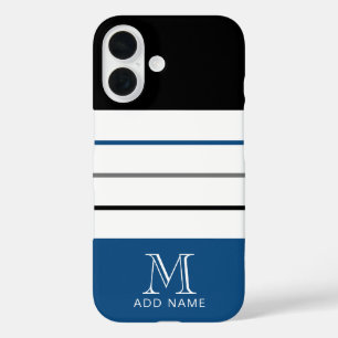 Coques iPhone 16 Grandes Bleues Noires Modernes avec Nom Monogramme