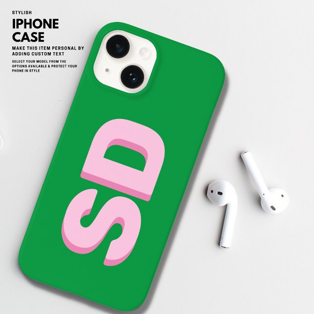 Coques Case-Mate iPhone Gras moderne Gras vert et rose Initiales Monogramm (Créateur téléchargé)