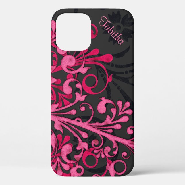 Coques Case-Mate iPhone Gras rose chaud noir élégant floral (Verso)