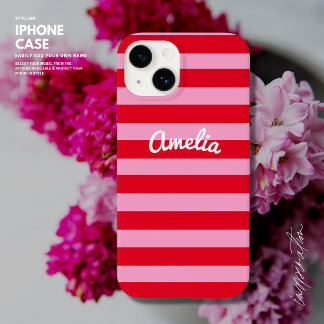 Coque Pour iPhone 14 Gras simple Retro Bande rouge et rose Personnalisé