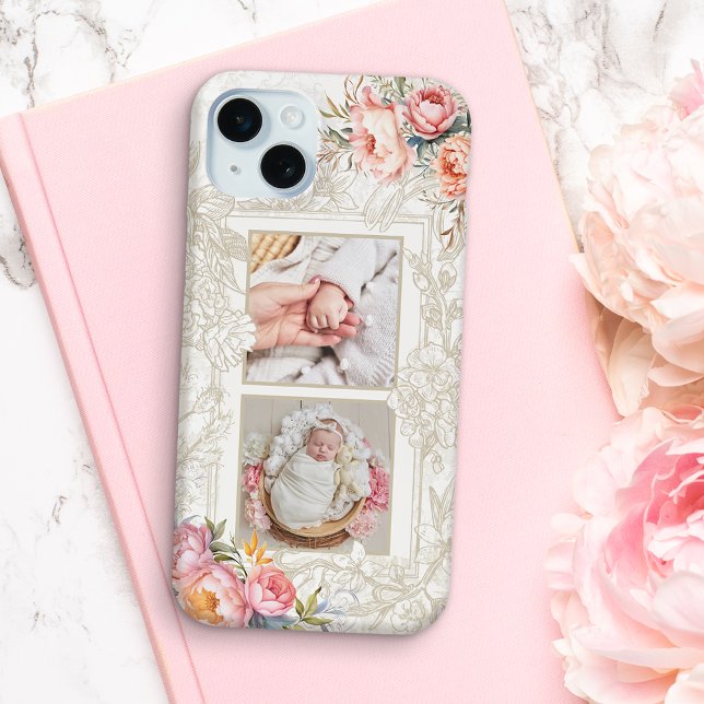 Coques Case-Mate iPhone Gravé rose Aquarelle Girly Floral à deux photos (Créateur téléchargé)