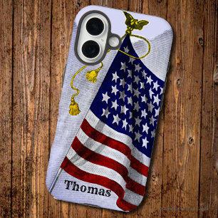 Coques iPhone 16 Gravure du drapeau vintage des États-Unis modifiab