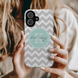 Coques iPhone 16 Gray and Mint Chevron Custom