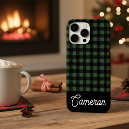 Coques iPhone 16 Pro Max Green & Black Buffalo Plaid Custom Name