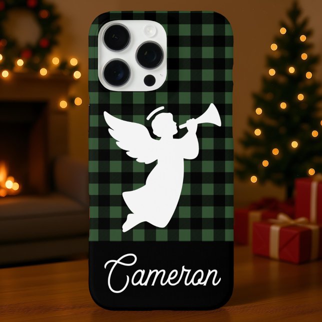 Coques Case-Mate iPhone Green & Black Plaid with Angel Custom Name (Créateur téléchargé)