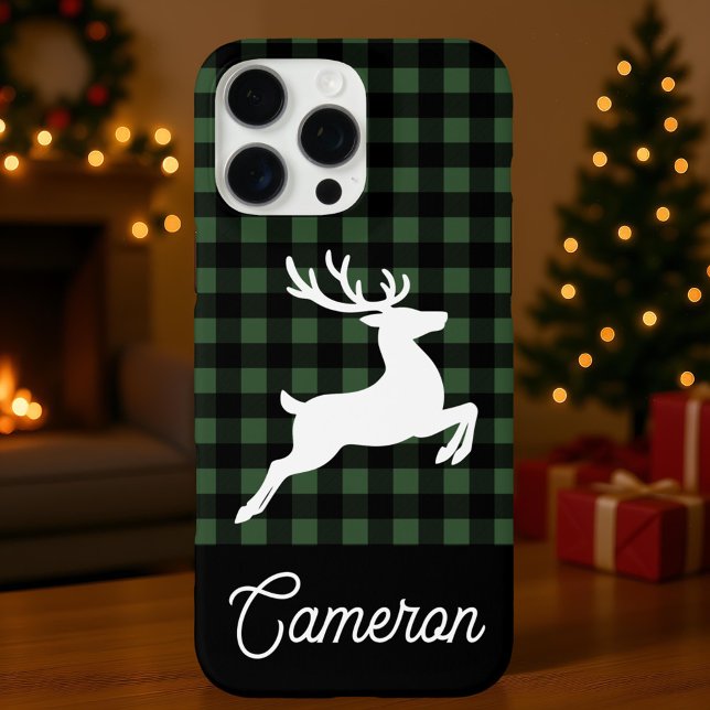 Coques Case-Mate iPhone Green & Black Plaid with Reindeer Custom Name (Créateur téléchargé)