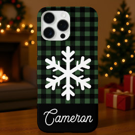 Coques iPhone 16 Pro Max Green & Black Plaid with Snowflake Custom Name