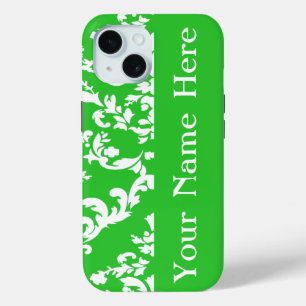 Coque Pour iPhone 15 Green Bold Damask avec nom @ Emporiomoffa
