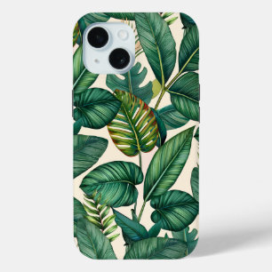 Coque Pour iPhone 15 Green & Turquoise Palm Monstera Tropical Feuille M