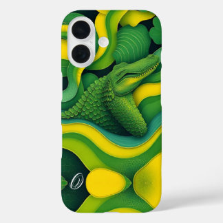 Coques iPhone 16 Green Yellow Alligator Crocodile Dragon Monogram 