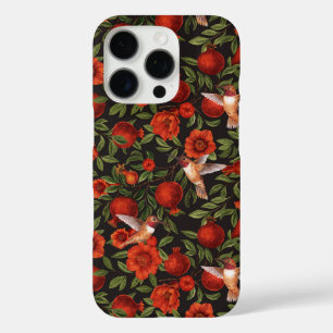Coques iPhone 16 Pro Grenades et colibris/feuilles verts en noir