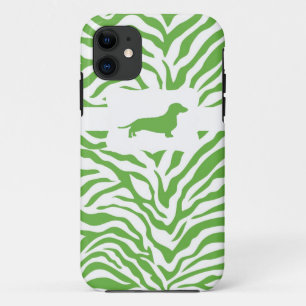 Coque iPhone 11 Grève verte de zèbre avec Dachshund