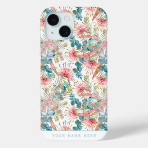 Coque Pour iPhone 15 Grevillea personnalisé bleu eucalyptus et rose 