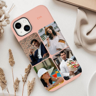 Coque Pour iPhone 14 Plus Grille de 4 photos Nom ou Initiales Orange