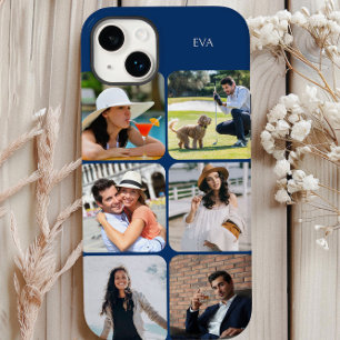 Coque Pour iPhone 14 Plus Grille de photos 6 images nom ou initiales Bleu