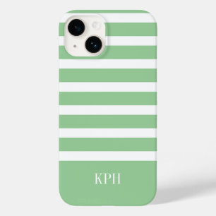 Coque Pour iPhone 14 Grille verte et blanche moderne avec Monogramme