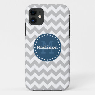 Coque iPhone 11 Gris blanc bleu Chevron Zigzag Monogramme