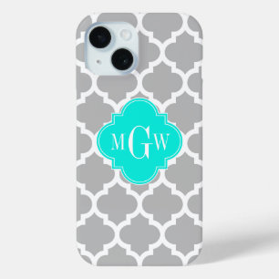 Coque Pour iPhone 15 Gris Blanc Marocain #5 Brt Aqua 3 Monogramme initi