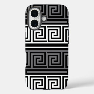 Coques iPhone 16 Gris Blanc Noir Clé grecque Fret Motif Design