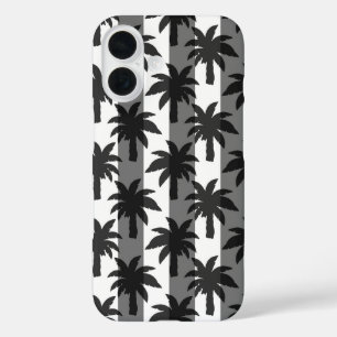 Coques iPhone 16 Gris Blanc Tropical Palmiers Stripes Design