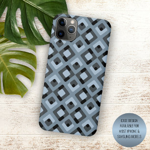 Coque iPhone 15 Mini Gris Bleu Ardoise Noir Motif Carrés Midcentury