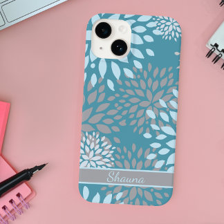 Coque Pour iPhone 14 Gris Bleu et Turquoise Modèle Floral Abstrait mode
