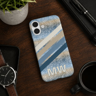 Coques iPhone 16 Plus Gris Taupe Brun Beige Rayures Bleu Foncé Personnal