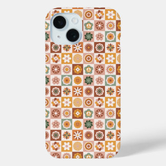 Coque Pour iPhone 15 Groovy Retro Floral Checked