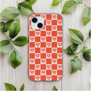 Coque iPhone 15 Mini Groovy Rétro Romantique Cœur Amour Damier Rouge
