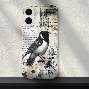 Coques iPhone 16 Grunge Newspaper Bird Collage Scrapbook Monogramme