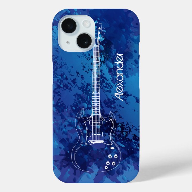 Coques Case-Mate iPhone Guitare électrique Outline Blue Paint Splats (Verso)