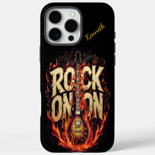 Coques iPhone 16 Pro Max Guitare en feu avec typographie d'inspiration rock