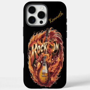 Coques iPhone 16 Pro Max Guitare lumineuse entourée de flammes et notes mus