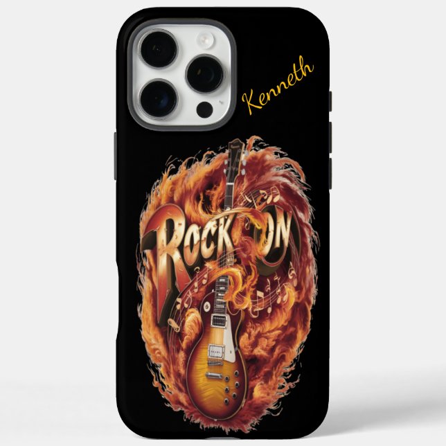 Coques Case-Mate iPhone Guitare lumineuse entourée de flammes et notes mus (Verso)