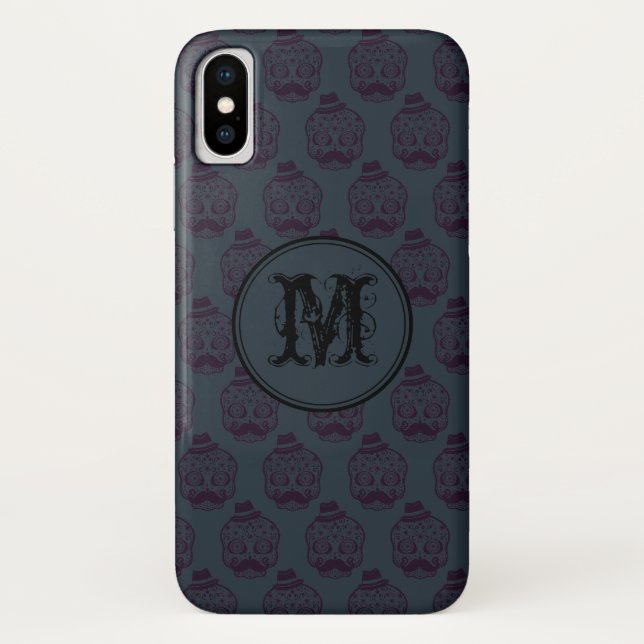 Coques Case-Mate iPhone Halloween crâne bleu Monogramme personnalisé (Dos)