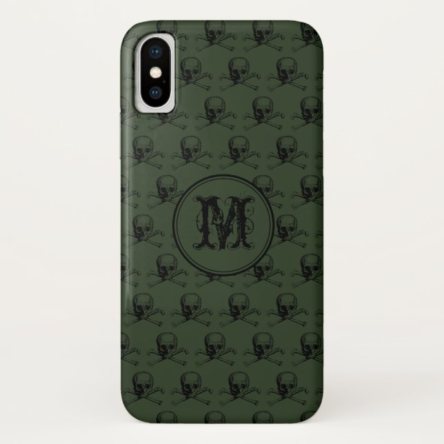 Coques Case-Mate iPhone Halloween crâne noir kaki Monogramme personnalisé (Dos)