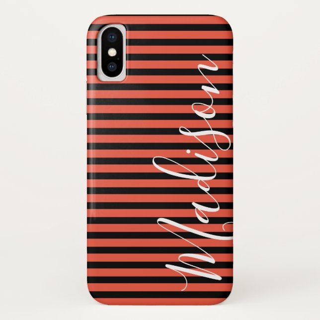 Coques Case-Mate iPhone Halloween en bande orange noire Nom personnalisé (Dos)