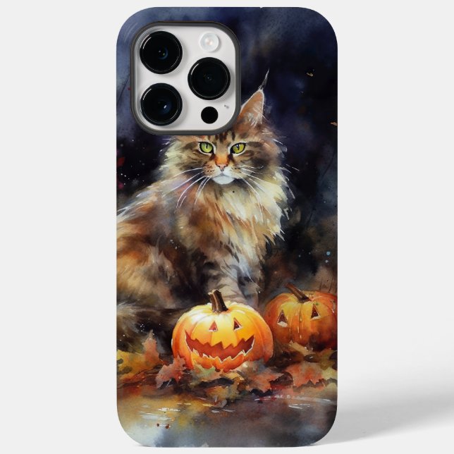 Coques Case-Mate iPhone Halloween Maine Coon Chat Avec Crainte Citrouille (Verso)