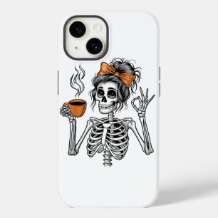 Coque Pour iPhone 14 Halloween Skeleton Messy Bun Coffee