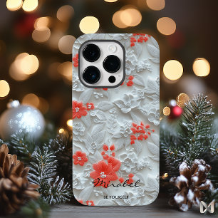 Coque Pour iPhone 14 Pro Harmonie florale en relief corail et blanc