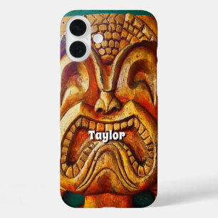 Coques iPhone 16 Plus Hawaii Tiki Retro Wood Face Photo Monogramme Nom
