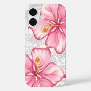 Coques iPhone 16 Hibiscus & dentelle PINK