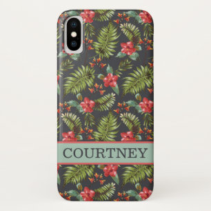 Coque iPhone X Hibiscus Palm Tropical Floral   Corail et menthe