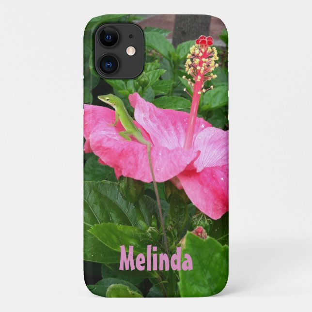 Coques Case-Mate iPhone Hibiscus rose Tropical Anole Lizard Photo personna (Dos)