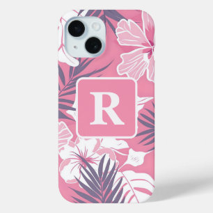 Coque Pour iPhone 15 Hibiscus rose tropical personnalisé Monogramme