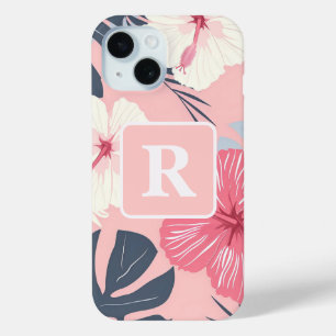 Coque Pour iPhone 15 Hibiscus tropical personnalisé Monogramme