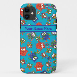 Coques Pour iPhone Hiboux mignons sur l'arrière - plan de bleu de