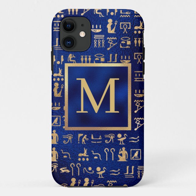 Coques Case-Mate iPhone Hiéroglyphes d'Égypte or sur Blue Intial (Dos)