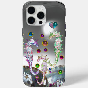 Coque iPhone 15 Pro Max HIPPOCAMPES AMOUREUX, PINK TEAL BLEU Nacre