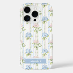 Coques iPhone 16 Pro Hortensia Bleu Aquarelle Rayé Personnalisé